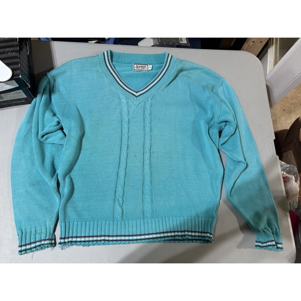 VINTAGE Aureus Tennis Sweater Adult Medium Teal Striped